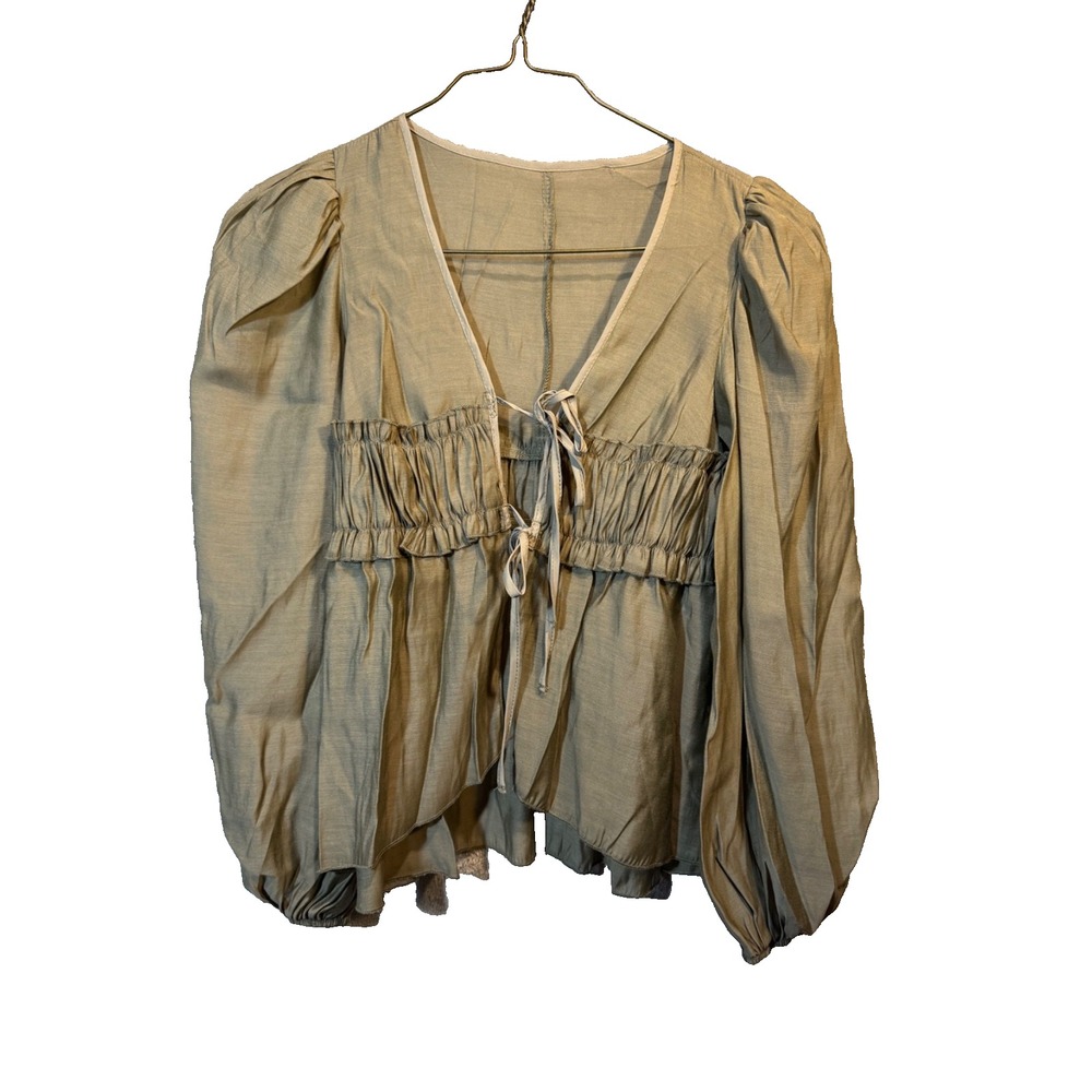 Missguided Women's Sz Small green sheer ruched Balloon Sleeve Tie Close Blouse